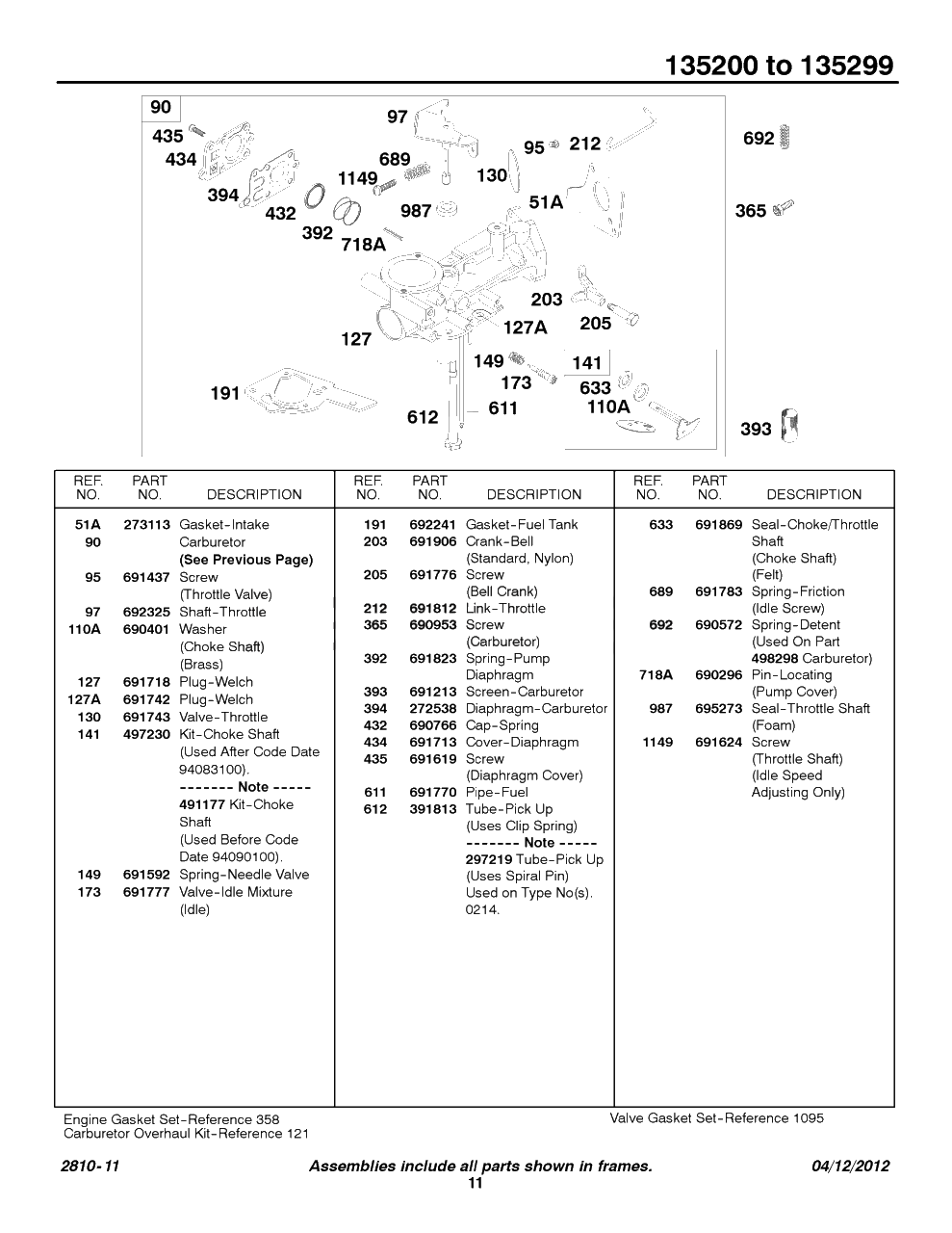 Carburetor Group-Parts Diagram and Parts List for 135207-0325-XX  Briggs and Stratton Engine